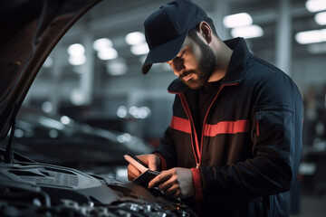Auto mechanic working with car diagnostic tool in a repair shop