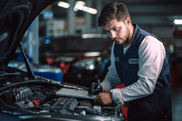 Fototapeta na wymiar Auto mechanic working with car diagnostic tool in a repair shop