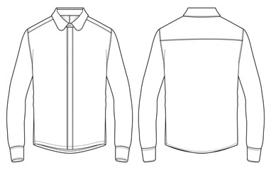 Men's long sleeves slim fit formal shirt flat sketch illustration with front and back view, Woven french placket shirt for formal wear hidden placket shirt cad drawing illustration template mock up