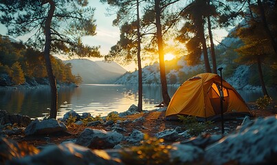 A picturesque camping site in nature with tents and campfire, forest, lake, mountain, generated by AI