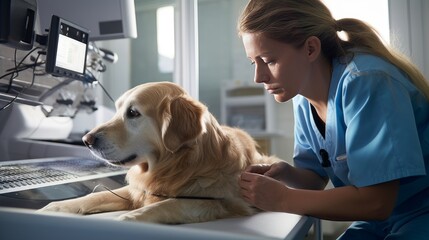 A veterinarian performs an ultrasound of a dog using modern equipment with innovative technologies in a veterinary clinic.