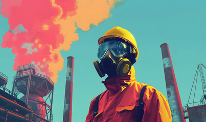 Problem of growing greenhouse effect, warming and the constant increase in concentration of temporary substances in air. Human in a gas mask in front of smoking factory. Extremely polluted atmosphere.
