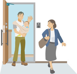 出勤する母親を玄関から見送る赤ちゃんを抱いた父親のイラスト