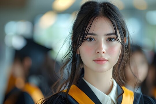 Chica adolescente el dia de su graduacion con toga negra y estola amarilla al fondo con efecto bokeh sus compa&ntilde;eros