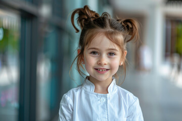 Portrait of cute little girl in white medical uniform act like doctor