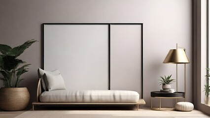 Mockup poster frame in a room interior background, White themed bedroom with a frame for mockup, AI-generated