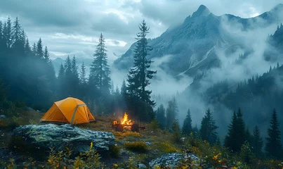 Foto op Plexiglas A picturesque camping site in nature with tents and campfire, forest, mountain, generated by AI © Sigit