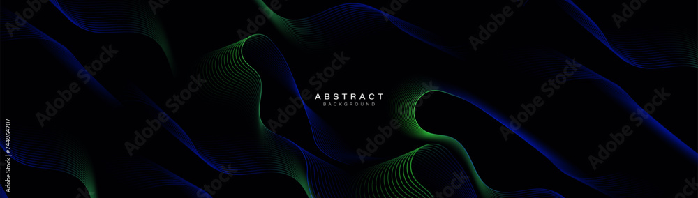 Poster abstract background with green and blue glowing wavy lines pattern. modern minimal trendy shiny line