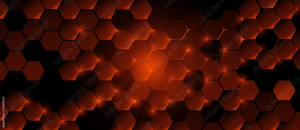 Poster abstract gold chaotic hexagon pattern with horizontal banner. futuristic technology background. vect