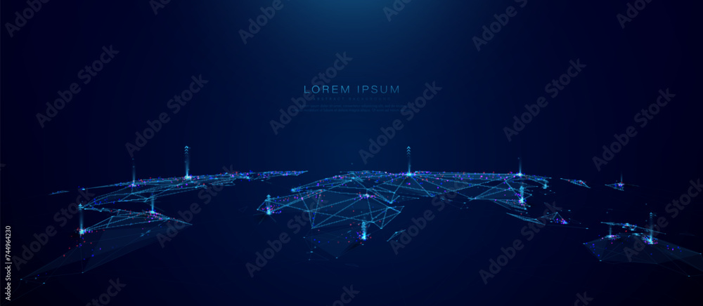 Poster Abstract world map. Global business data connections. Telecommunication network map. lines and triangles, point connecting network on blue background. Illustration vector