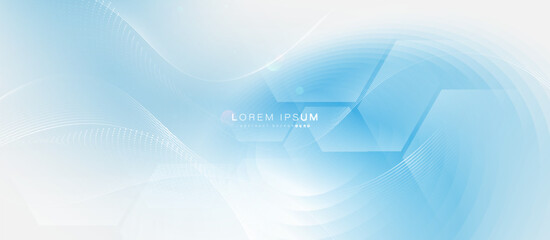 Abstract white and blue hexagon with a clean horizontal banner. Healthcare and technology background. Vector illustration