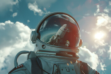 Fototapeta premium Picture of astronaut spacewalking with Earth background. Portrait of astronaut in deep outer space