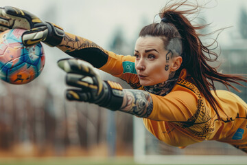 Professional woman soccer goalkeeper is diving to save the ball, soccer or football concept