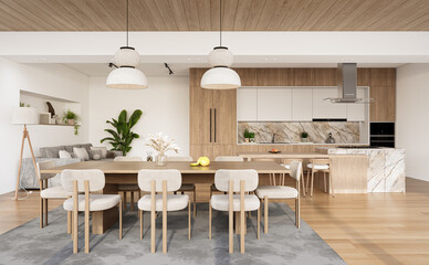 Open space living room and kitchen interior with large windows, gray sofa, dining table and hardwood flooring. Modern design solution, 3d rendering