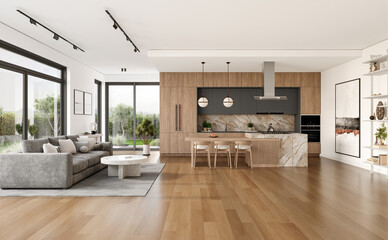 Open space living room and kitchen interior with large windows, gray sofa, dining table and hardwood flooring. Modern design solution, 3d rendering