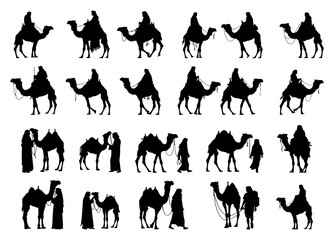 silhouette arabic man with camel. traditional arab clothes dress. islolated on background.