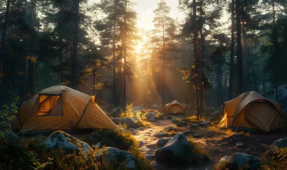 Foto auf Alu-Dibond A picturesque camping site in nature with tents and campfire, forest, mountain, generated by AI © Sigit