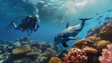 A scuba diver explores a vibrant coral reef and encounters a friendly dolphin in the clear blue underwater world.