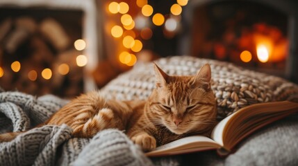 A contented ginger cat dozes off on a snug blanket, with an open book, by the warm glow of a fireside and twinkling lights. - obrazy, fototapety, plakaty