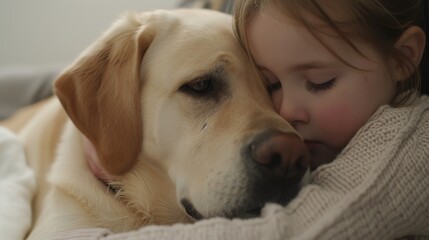 A young girl finds comfort and companionship as she snuggles closely with her Labrador, in a moment of serene affection.