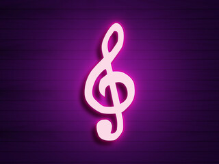 Neon light 3d logo of music symbol on glowing background.