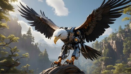 "Experience the fusion of nature and technology as the robotic eagle perches on a tree branch, its mechanical wings spread wide against a backdrop of stunning 8k unreal engine scenery."