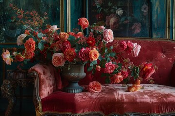 A vintage tableau: lush roses spread across an antique sofa, a nostalgic whisper of beauty and decadence.

