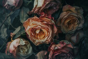 Vintage bouquet of withered roses, their faded elegance a whisper of once vivid beauty and timeless romance.


