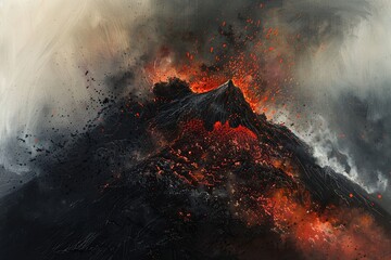 Majestic volcano erupting, fiery lava cascading down, smoke and ash paint the sky with a primal dance of nature's fury.

