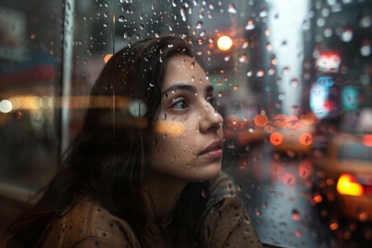 In the city's heart, a young woman's gaze pierces through rain-streaked windows, lost in the urban dance of lights.

