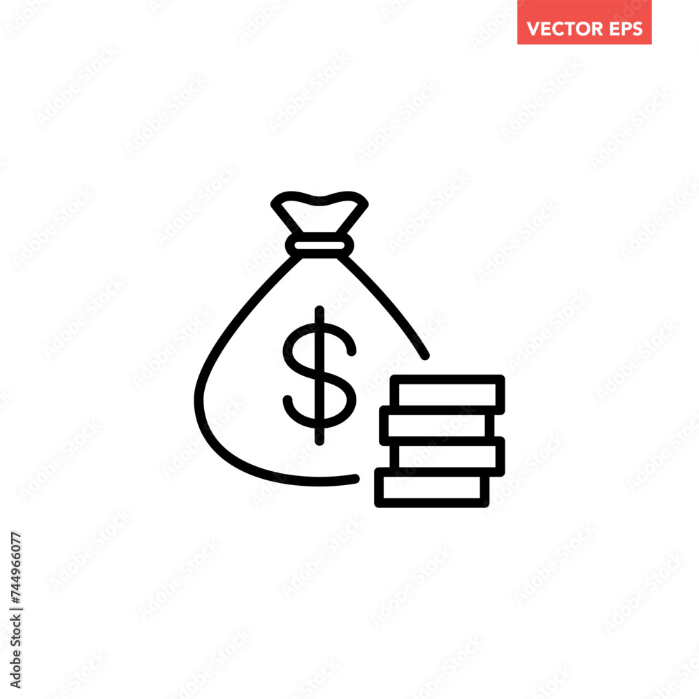 Poster single money bag with stack of coins line icon, simple finance graphic flat design vector pictogram,