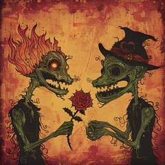 Fiery Skeleton Couple with Rose