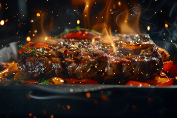 Grilling steaks on a fiery grill