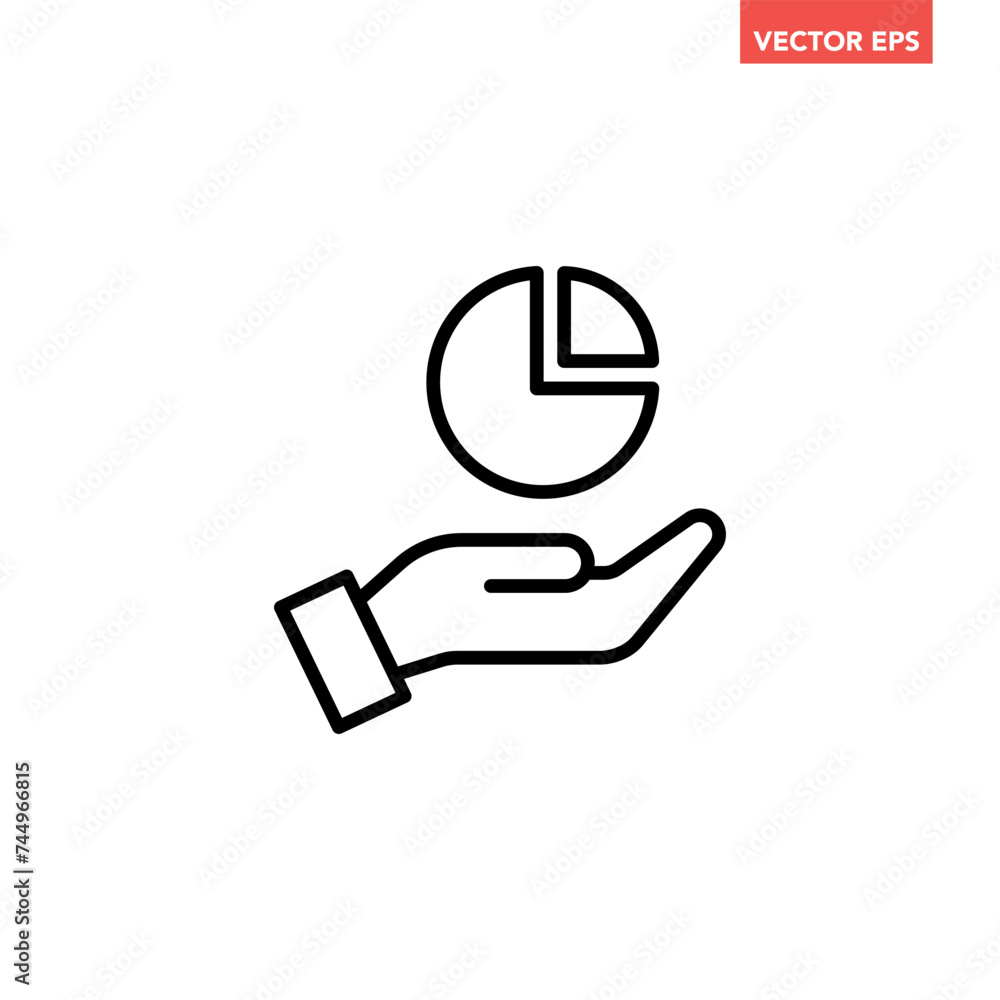 Poster single black hand hold pie chart line icon, simple market share business flat design vector pictogra