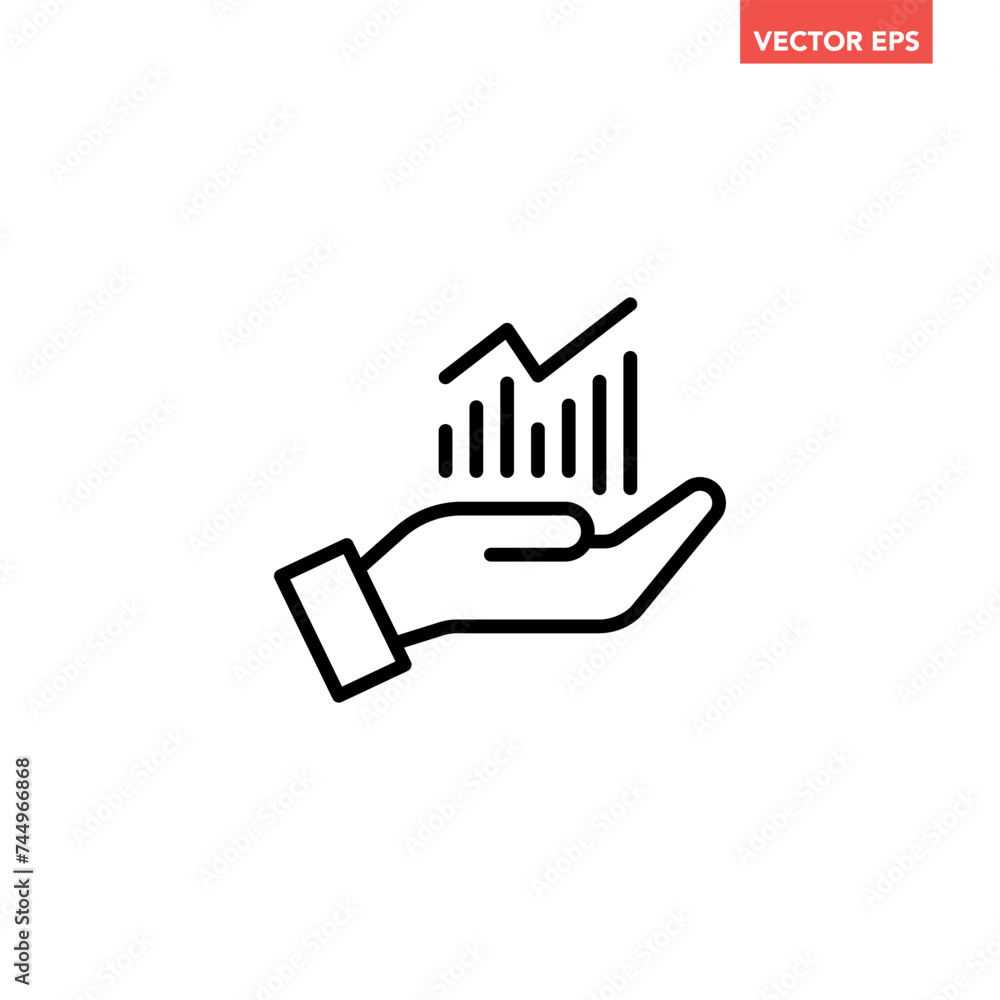 Poster single black hand and profit line icon, simple successful growing graph flat design vector pictogram