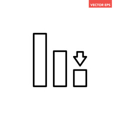 Black single financial graph with down arrow line icon, simple business decline illustration flat design pictogram vector for app web banner button ui ux interface element isolated on white background