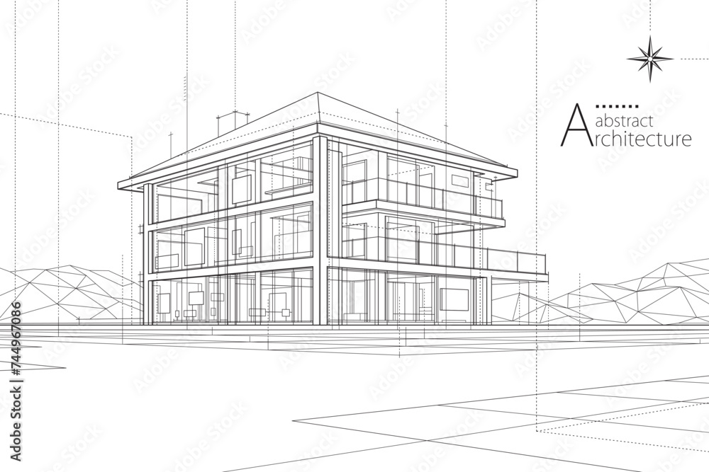 Poster 3D illustration abstract urban building out-line drawing of imagination architecture building construction design.
