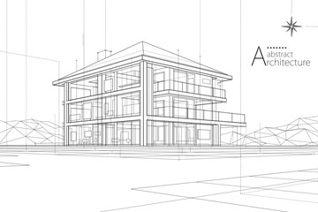 3D illustration abstract urban building out-line drawing of imagination architecture building construction design.
