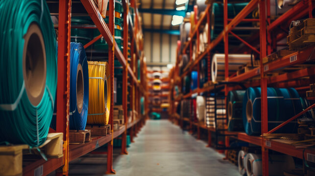 rolls of electrical wire in a warehouse ready for shipment