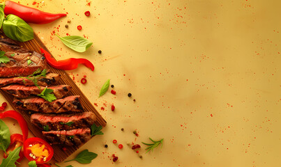 Grilled beef steak with spices on cutting board. Top view with copy space