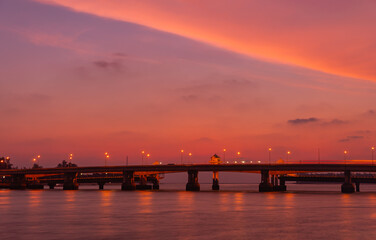 Fototapeta na wymiar scenery sunset at Sarasin bridge. the bridge is the most important in making businesses .from outside to Phuket has traded a lot of money. .This bridge linking the province of Phang Nga..