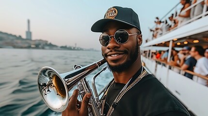 Trumpeter on a Cruise with City Backdrop