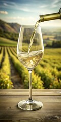 Obraz premium Wine being poured into wine glass overlooking vineyard