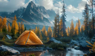 Deurstickers A picturesque camping site in nature with tents and campfire, forest, lake, mountain, generated by AI © Sigit