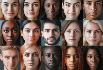 Many happy different young people portraits. Group headshots in collage mosaic collection. Lot of smiling multicultural faces look at camera. Human resource society database concept. Ethnicity divers.