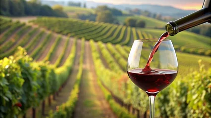 Foto op Canvas Wine being poured into wine glass overlooking vineyard © vectorize