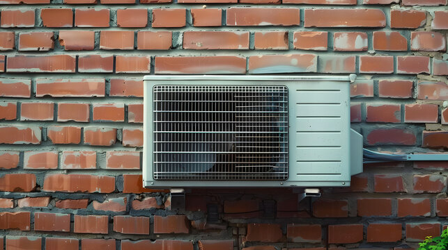 Wall mounted air conditioner is pictured on brick wall. This versatile image can be used to showcase cooling systems, energy-efficient technology, or interior design concepts.