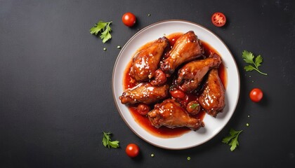 Baked chicken wings in the Asian style and tomatoes sauce on plate - obrazy, fototapety, plakaty