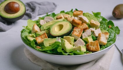 Caesar salad with lettuce, chicken, avocado and croutons on light table. - obrazy, fototapety, plakaty