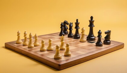 Chess pieces and chess board on yellow background